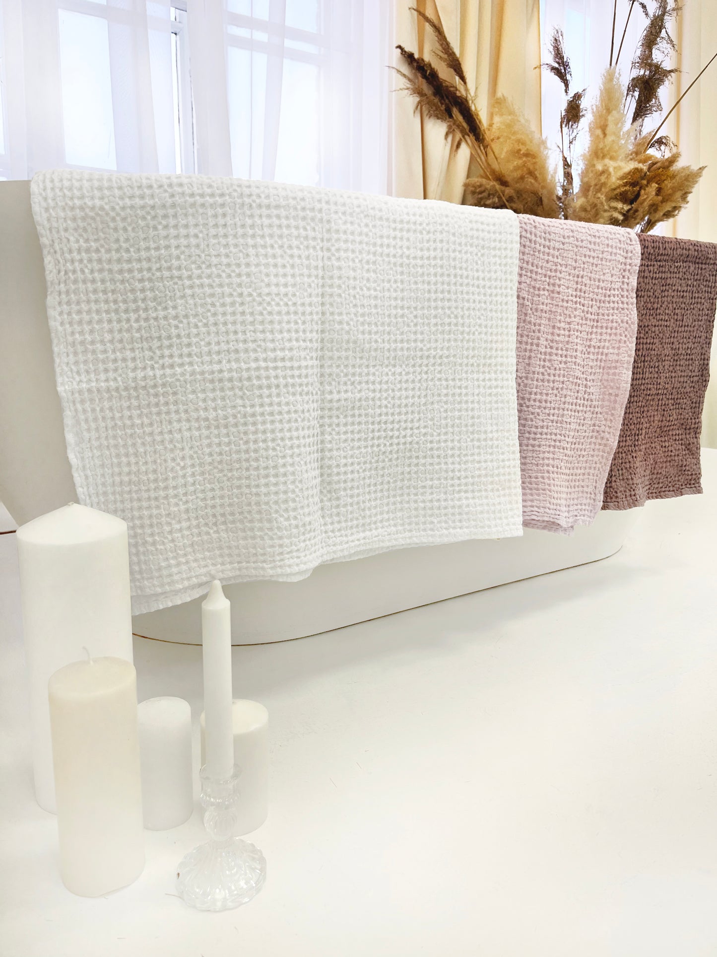 Waffle linen towels: linen hand towel, linen bath towel or towel set.