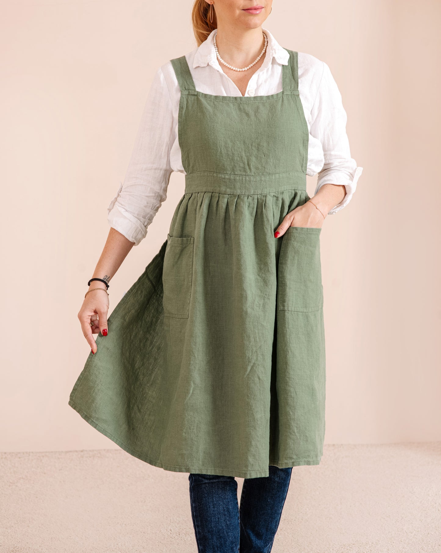 Linen pinafore apron dress in various colors