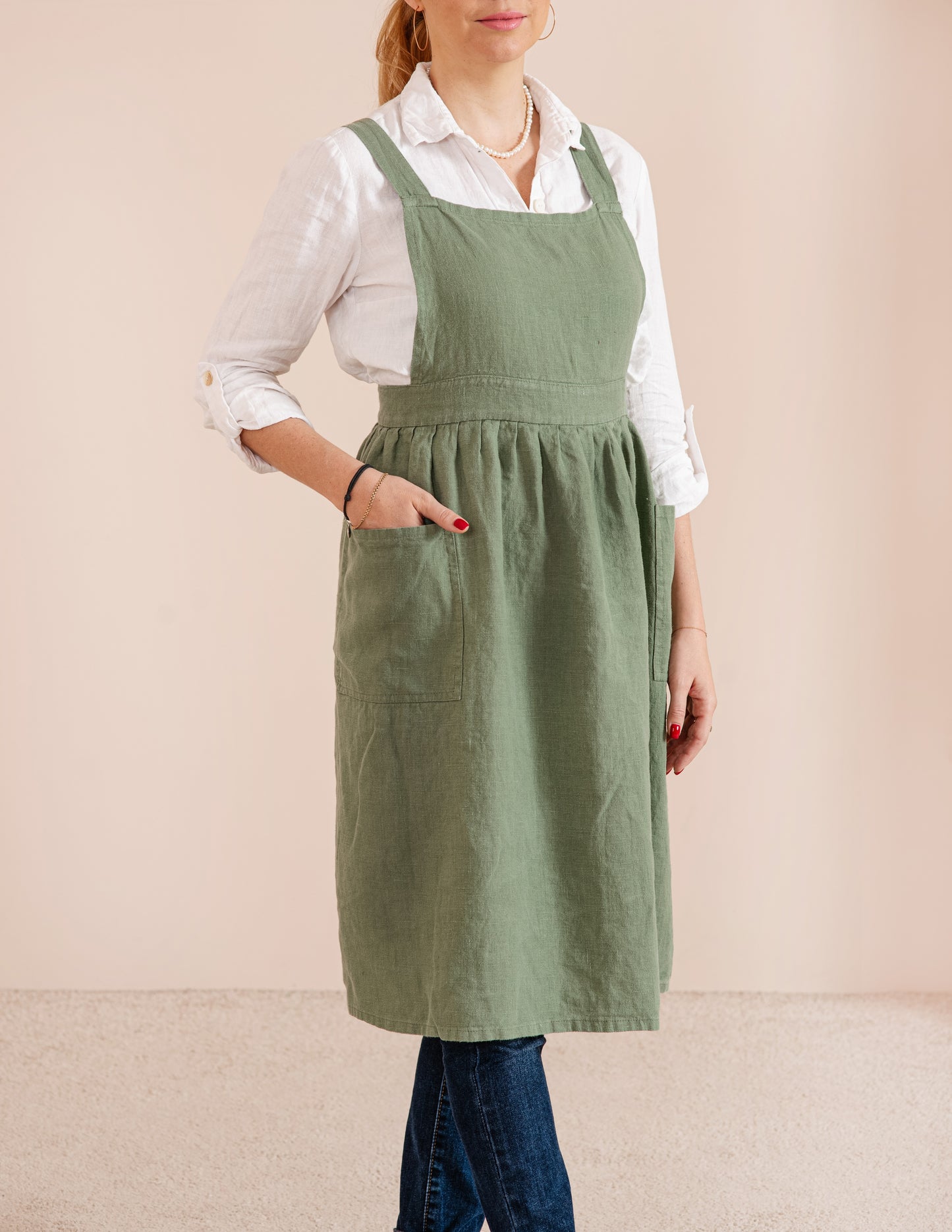 Linen pinafore apron dress in various colors