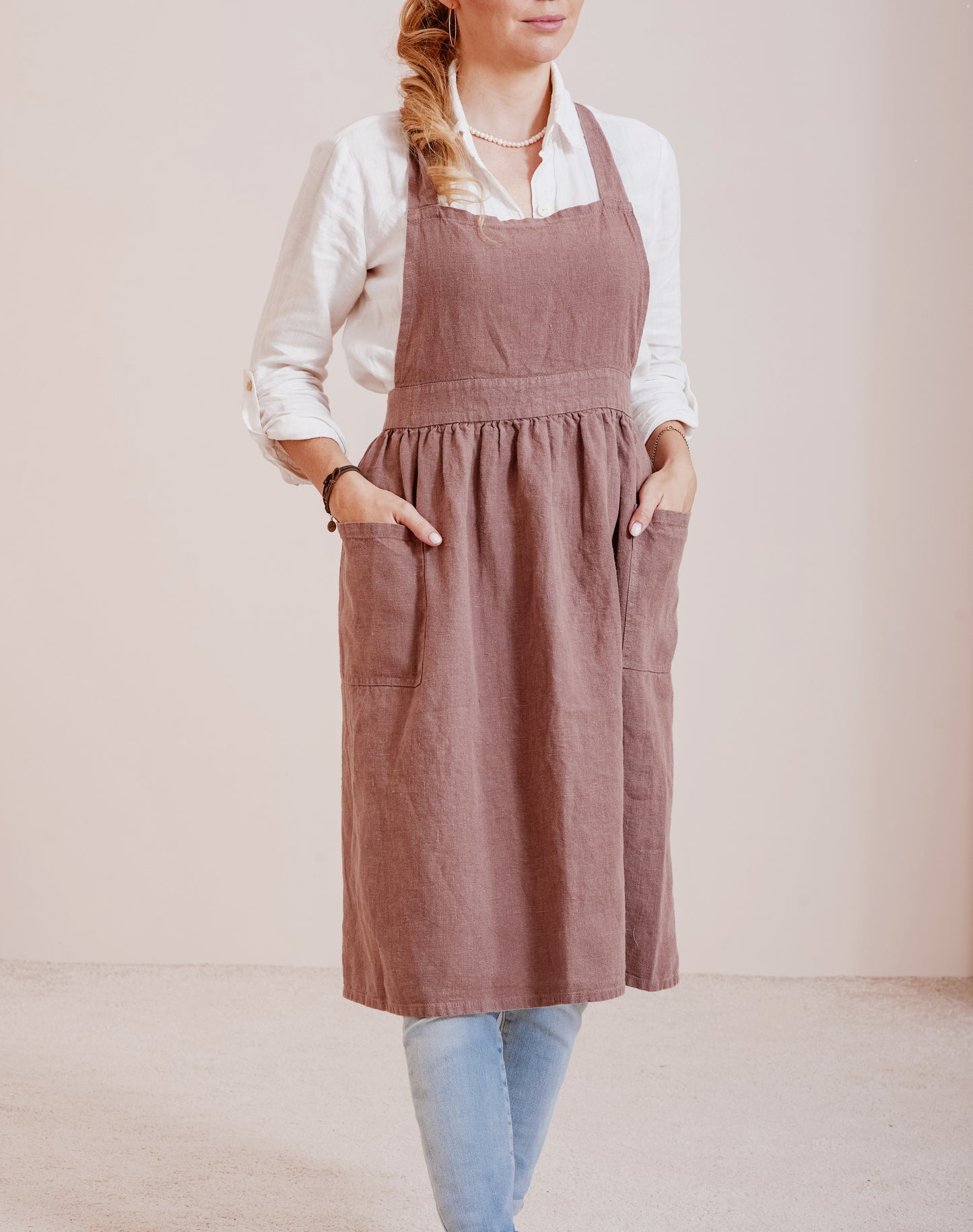 Linen pinafore apron dress in various colors