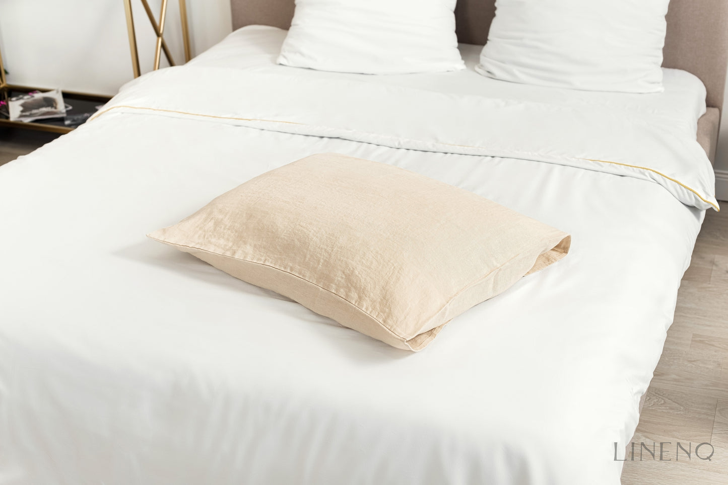 Beige linen bedding: Fitted sheet, Flat sheet, Pillowcase or Set