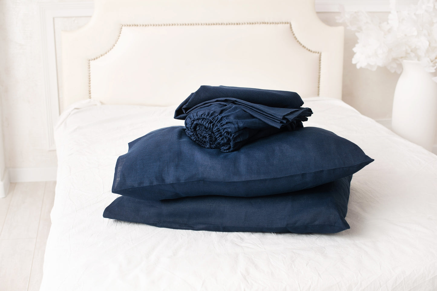 Deep blue linen bedding: Fitted sheet, Flat sheet, Pillowcase or Set