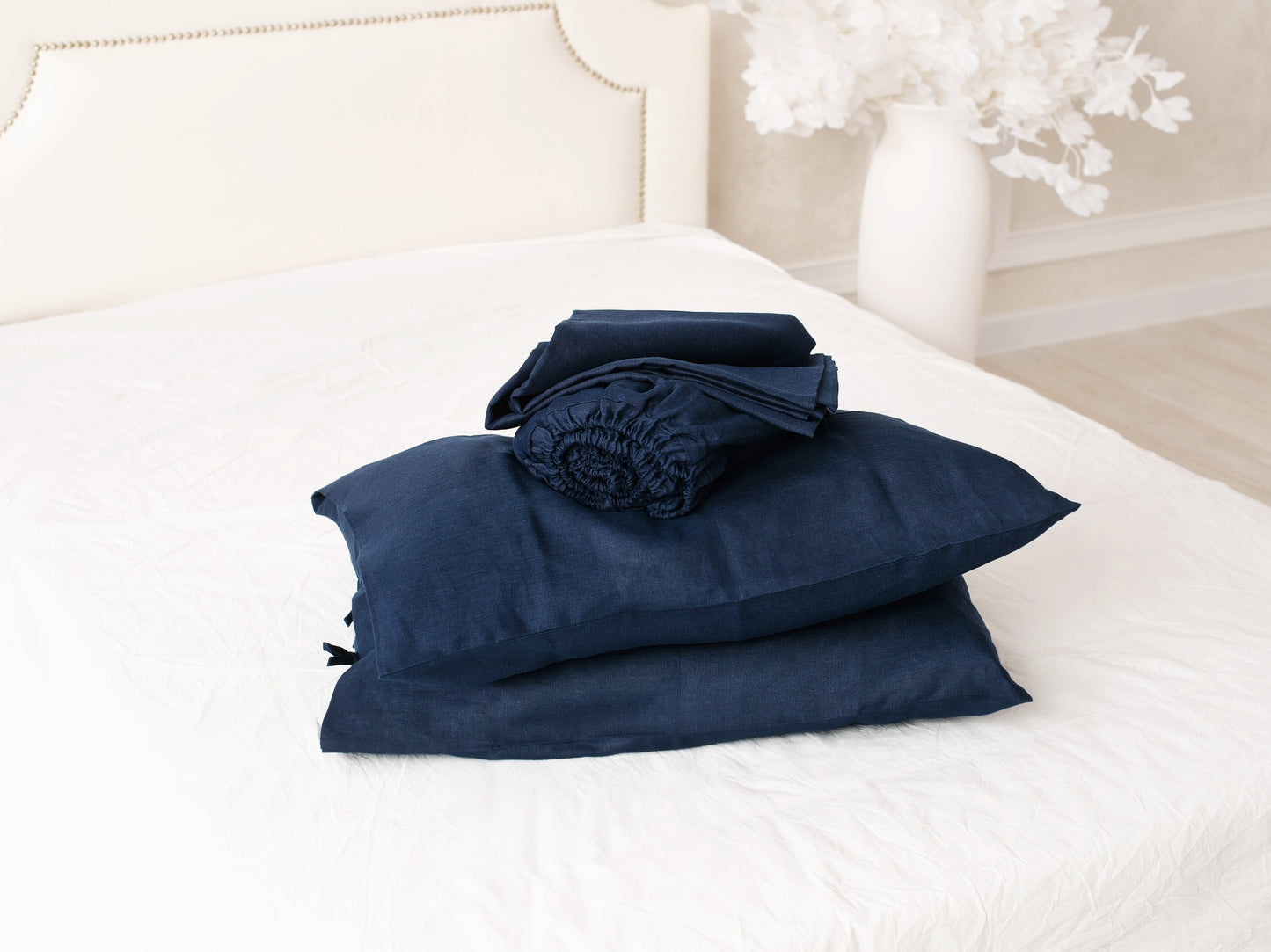 Deep blue linen bedding: Fitted sheet, Flat sheet, Pillowcase or Set