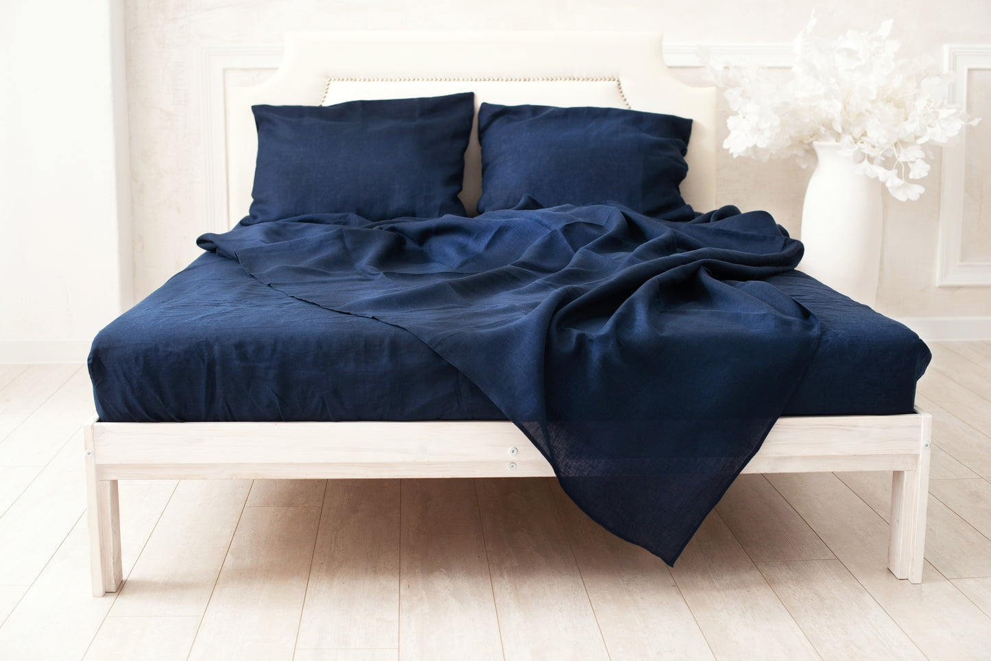 Deep blue linen bedding: Fitted sheet, Flat sheet, Pillowcase or Set