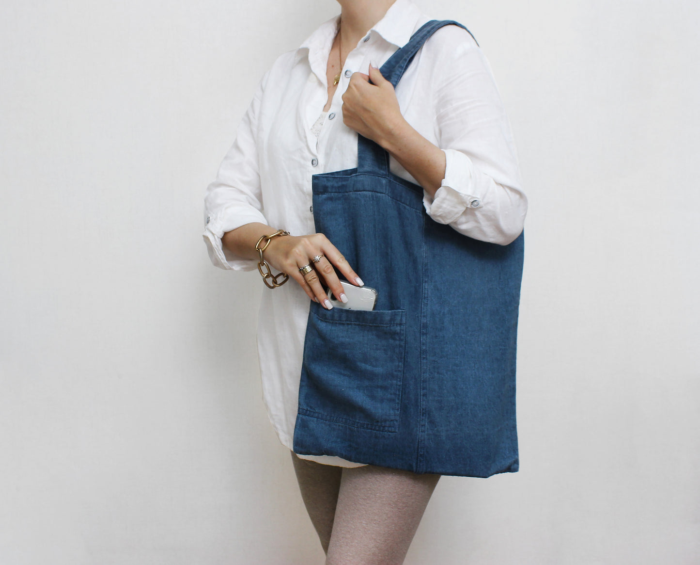 Denim-effect linen tote bag