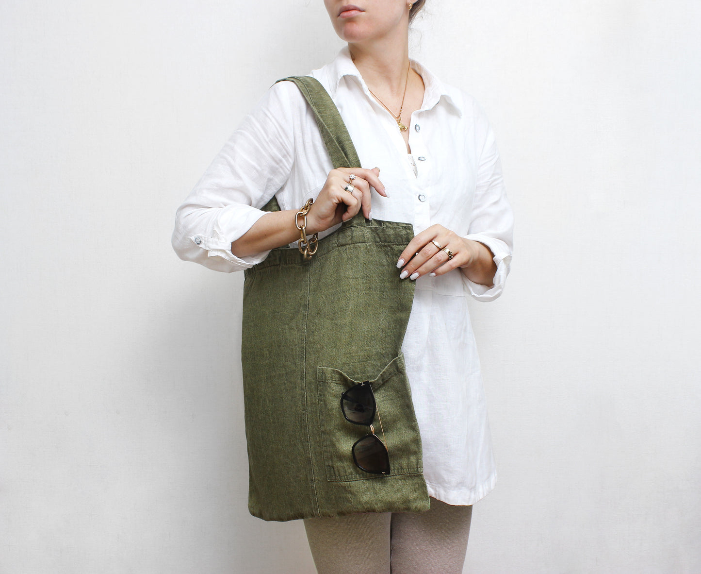 Denim-effect linen tote bag