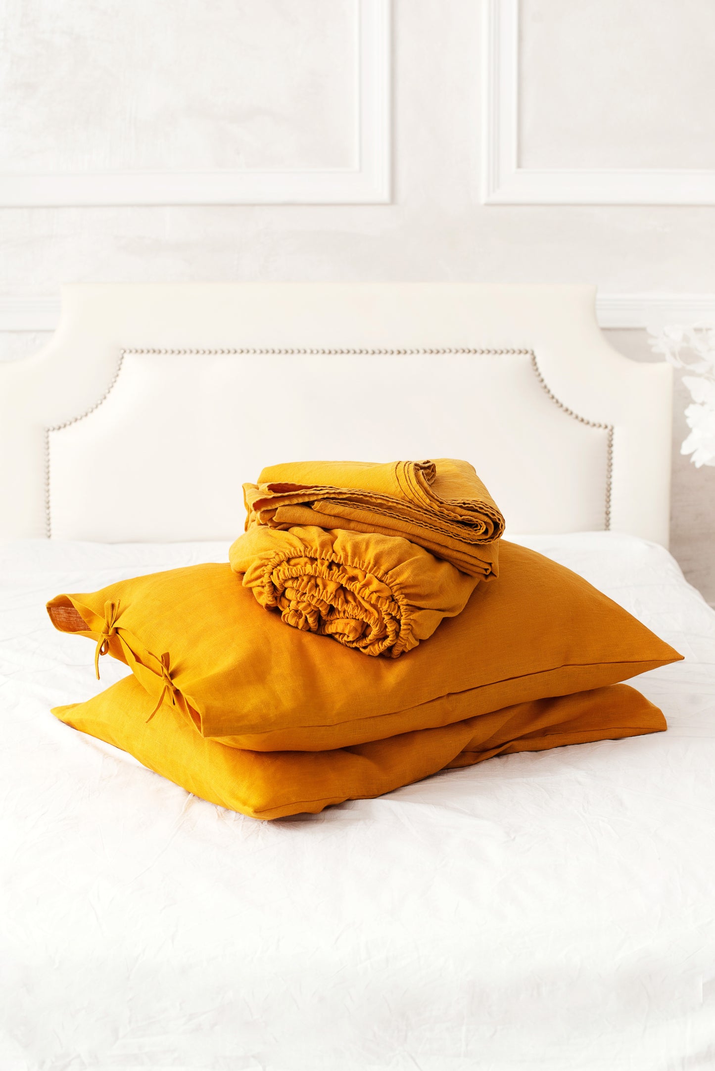 Orange linen bedding: Fitted sheet, Flat sheet, Pillowcase or Set