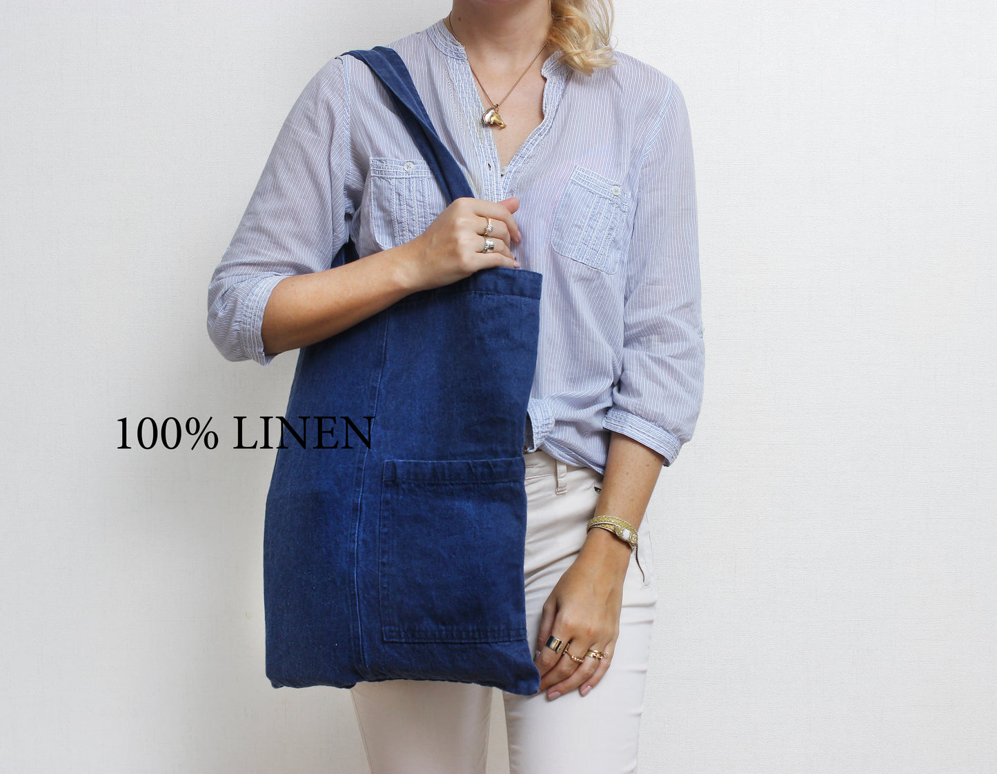Denim-effect linen tote bag