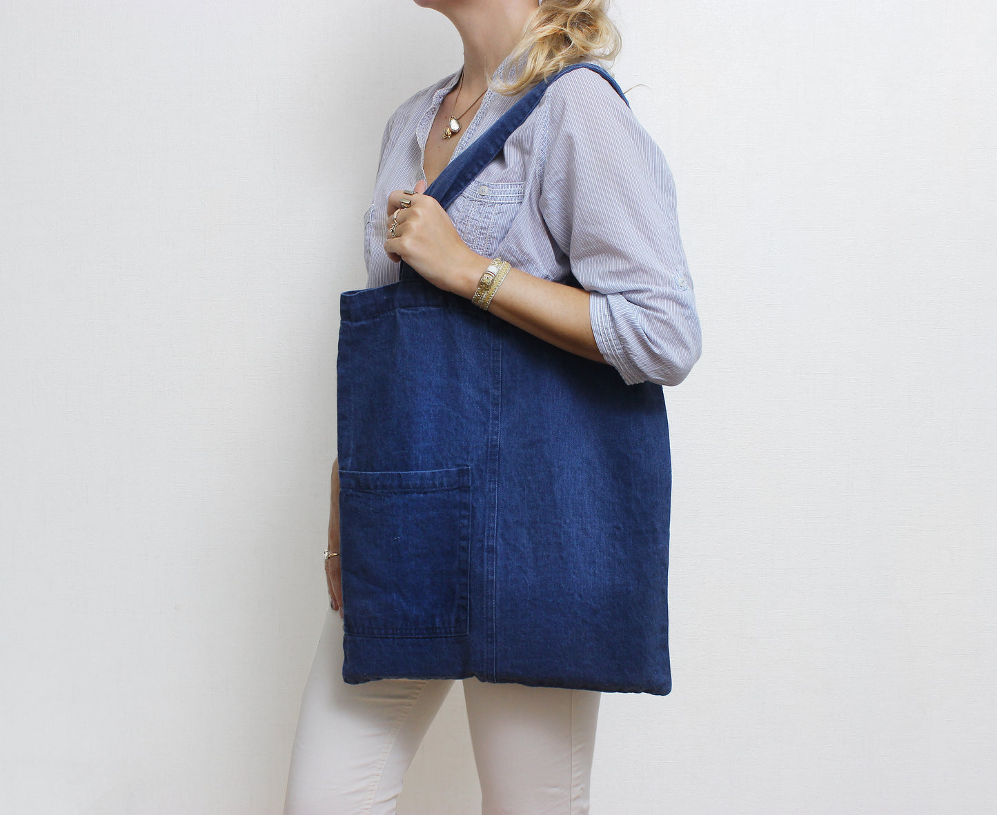 Denim-effect linen tote bag