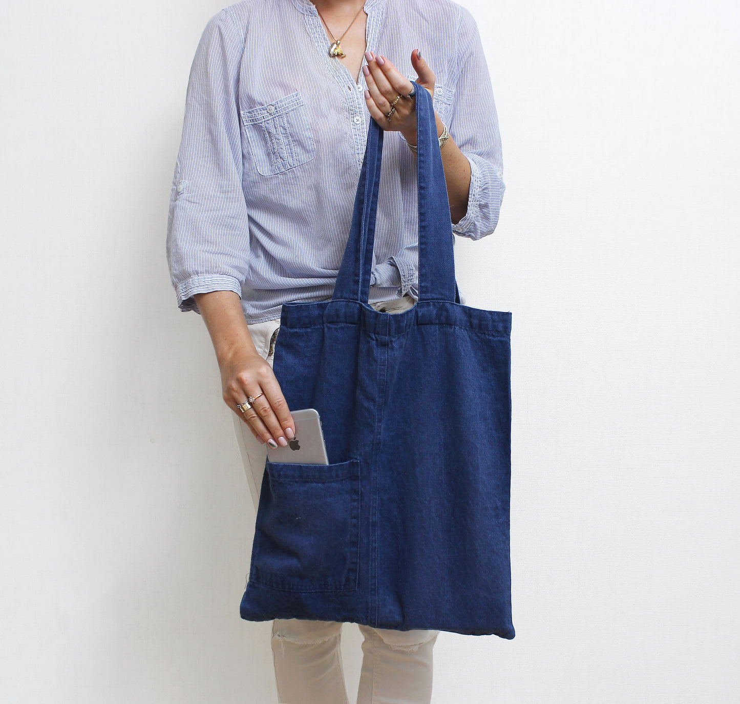 Denim-effect linen tote bag