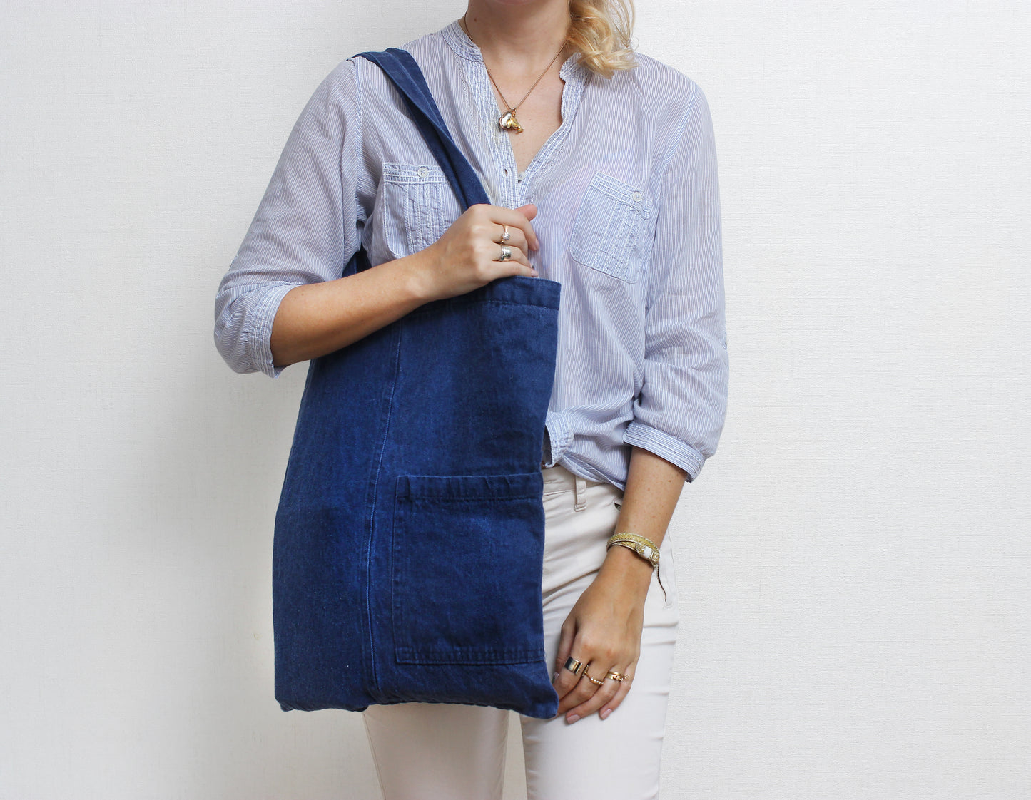 Denim-effect linen tote bag
