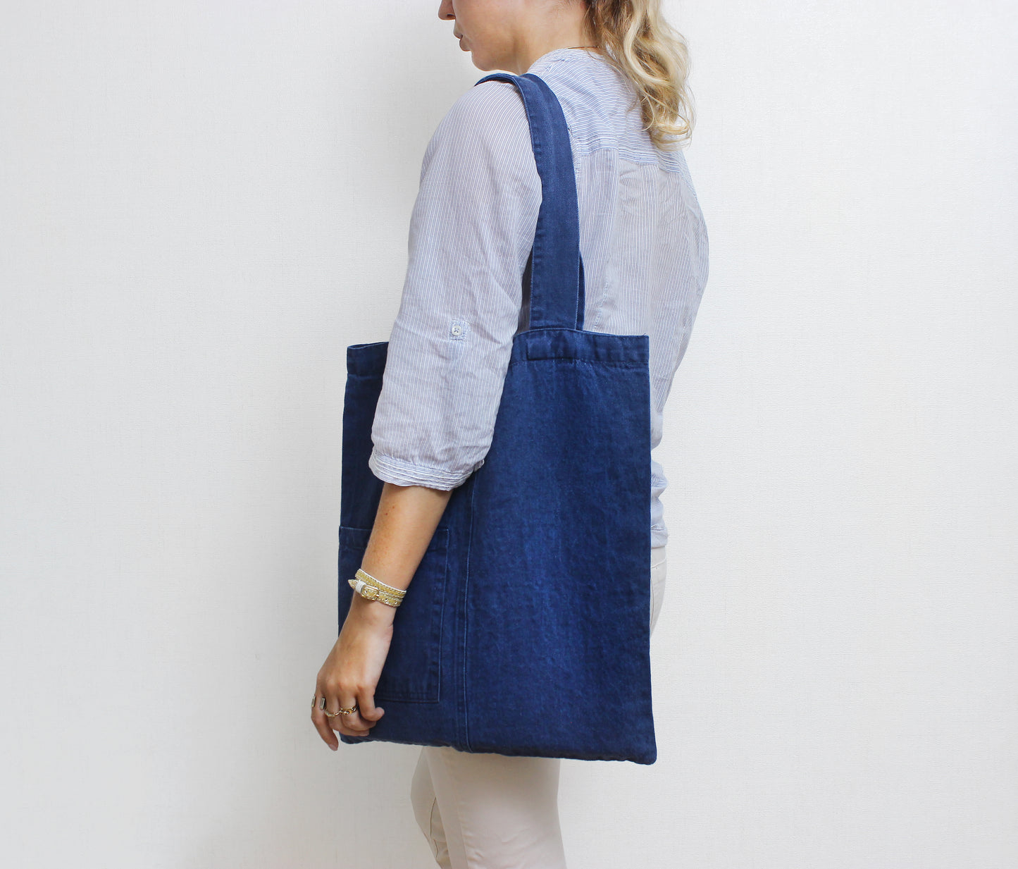 Denim-effect linen tote bag