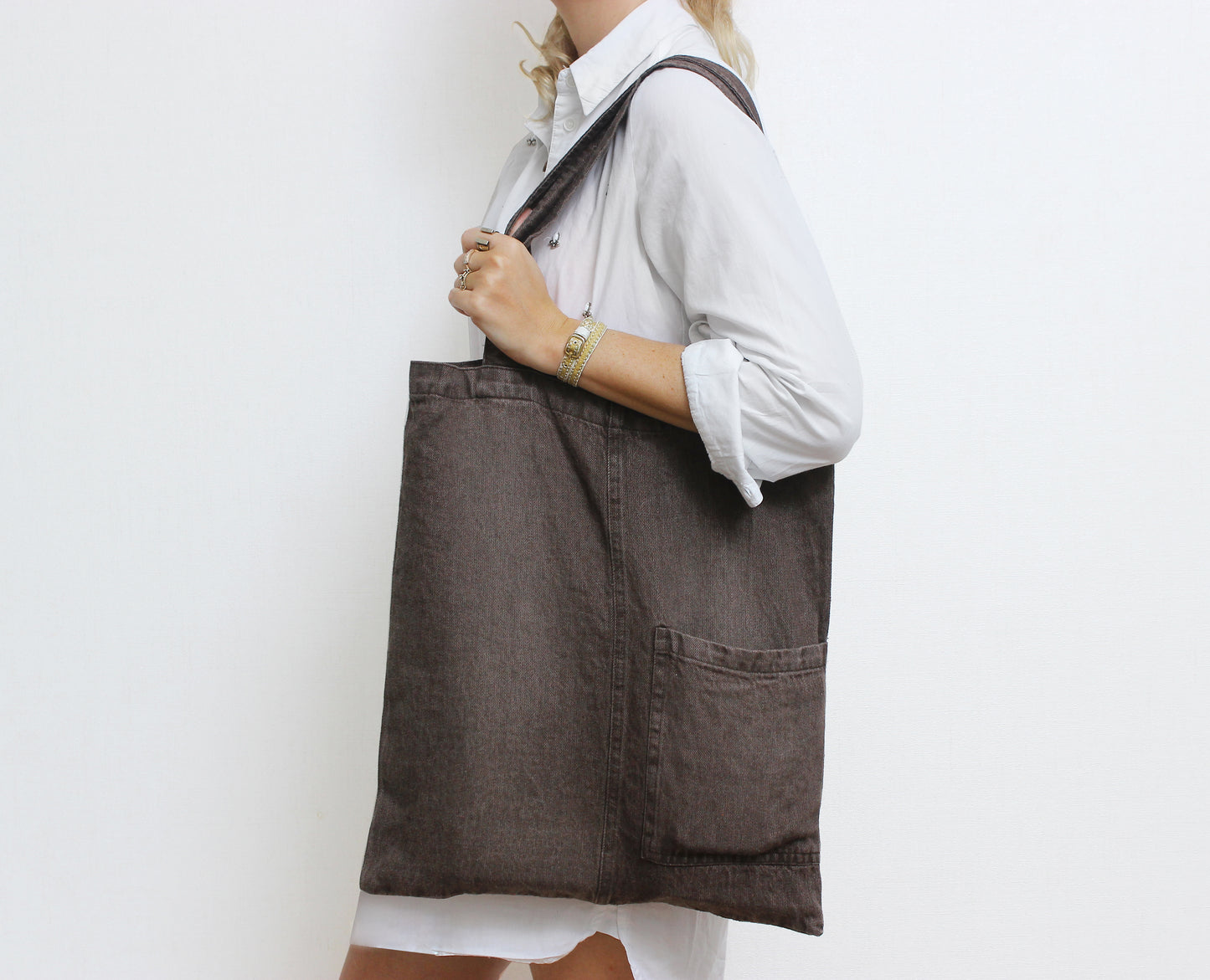 Denim-effect linen tote bag