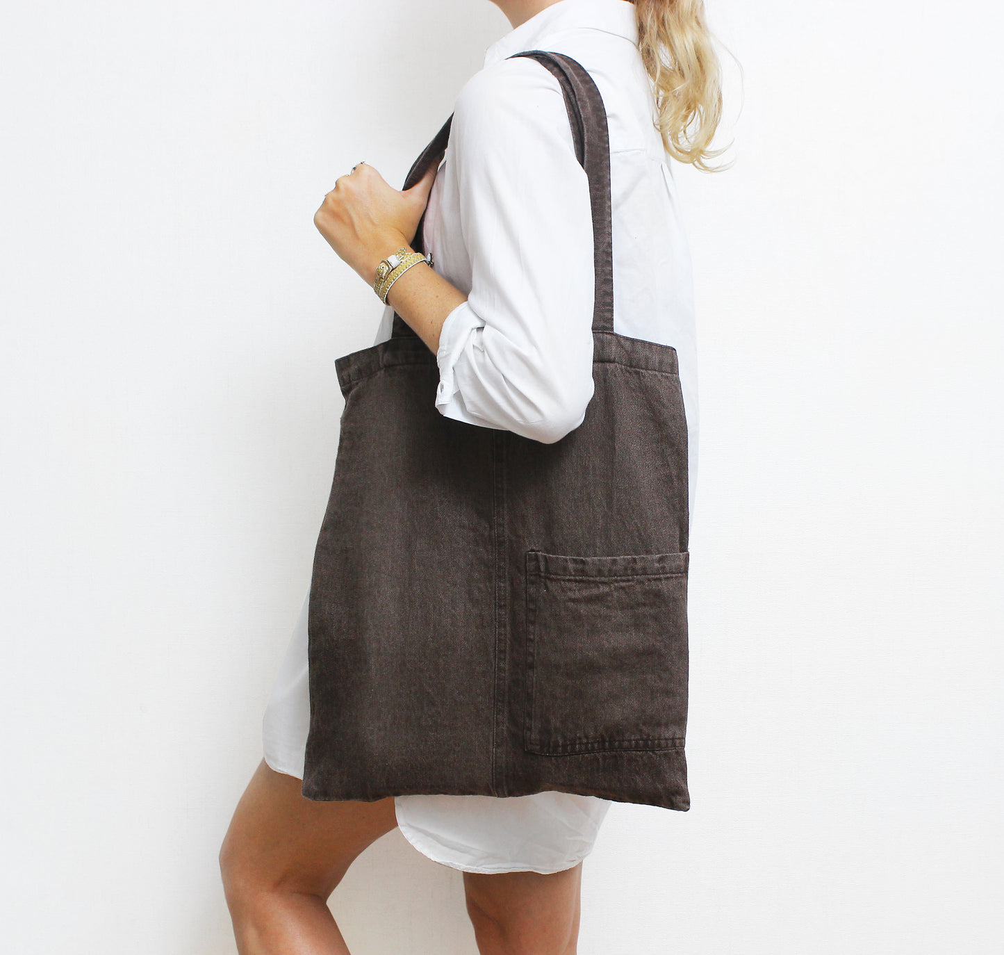 Denim-effect linen tote bag