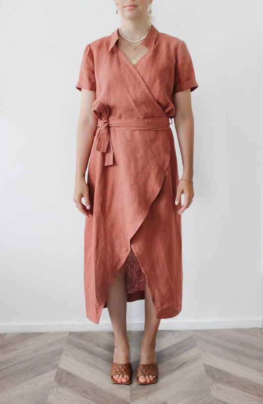 Linen wrap dress with waist tie