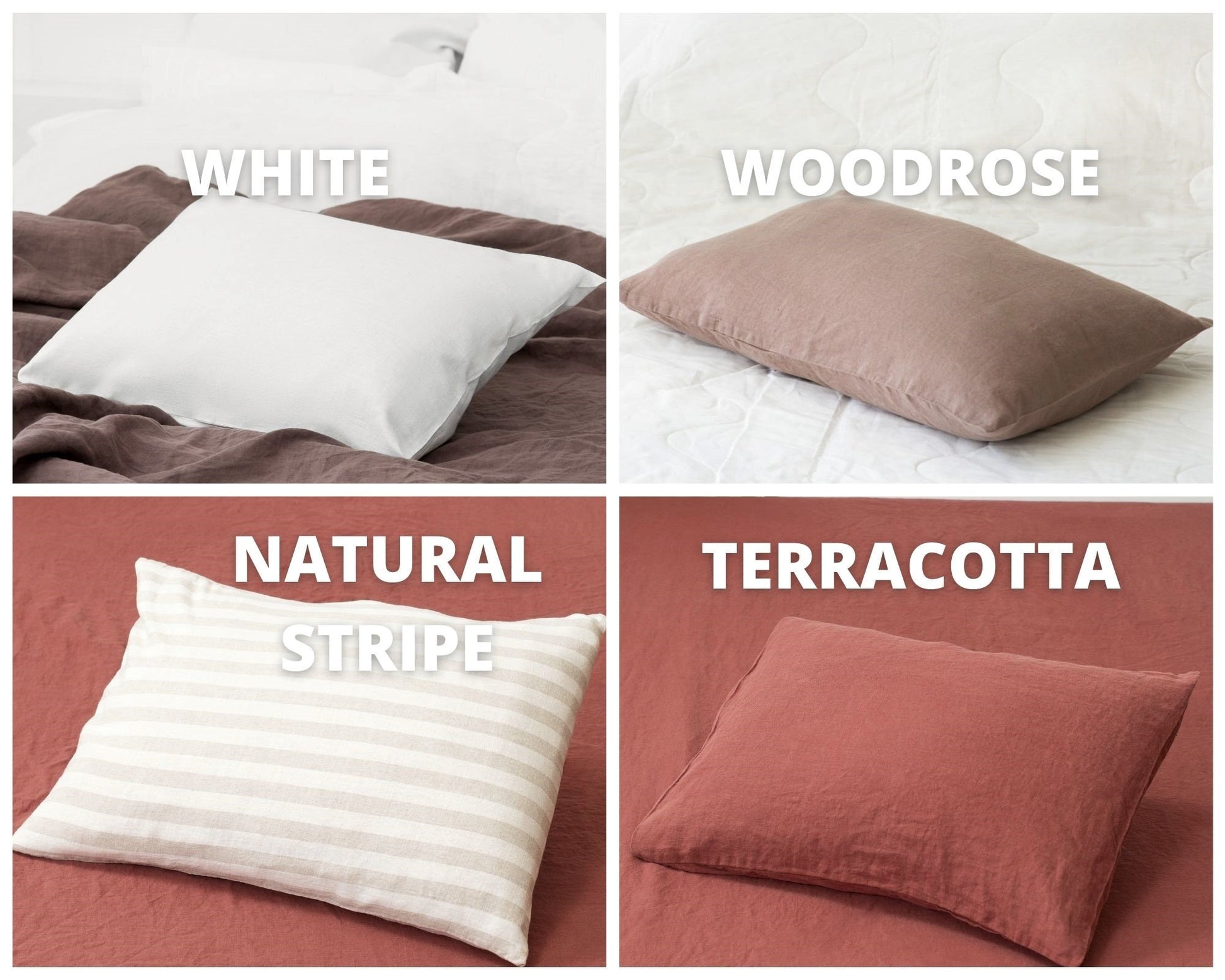 Linen pillow cover in white, woodrose, terracotta, natural