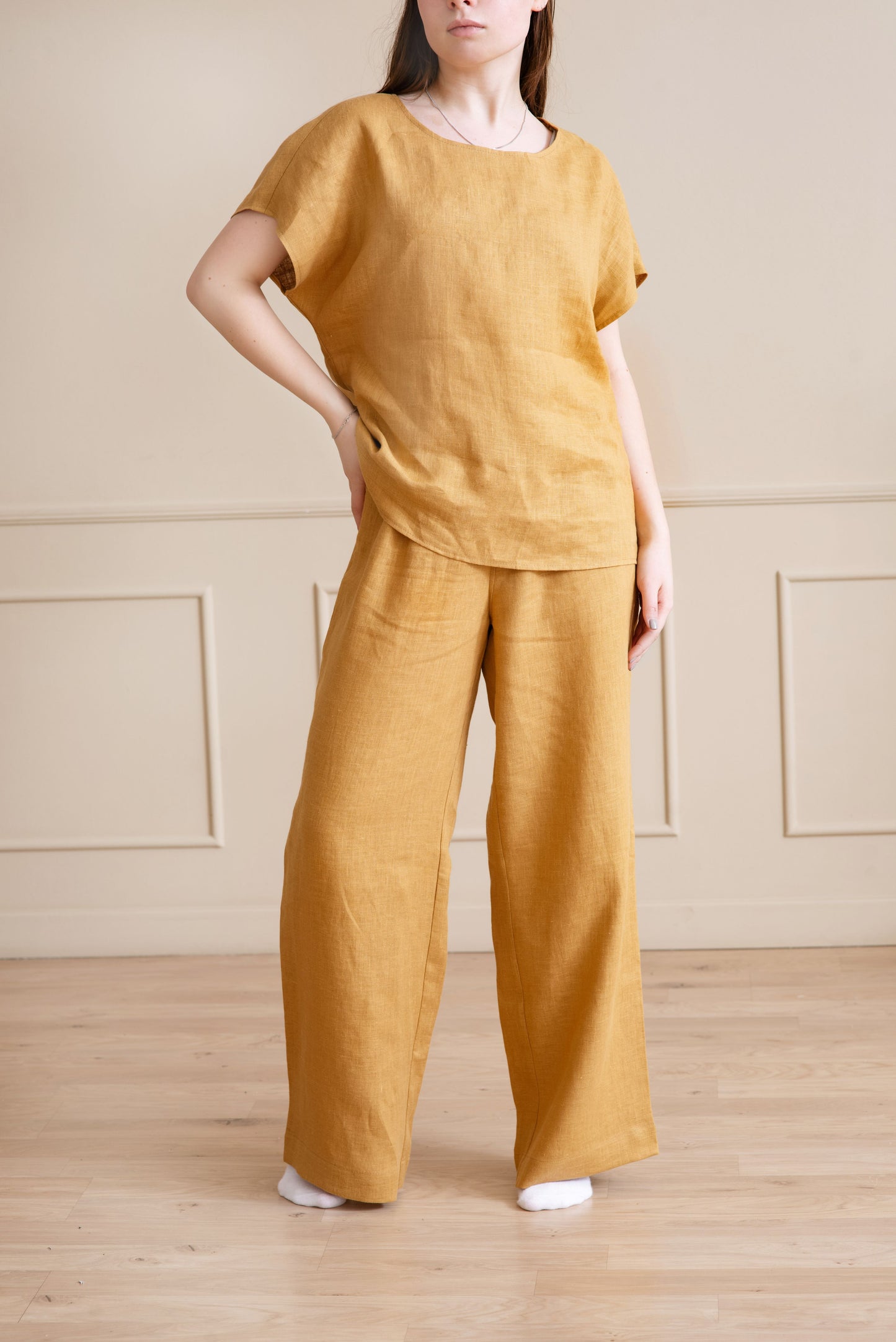 Linen pajama set with drawstring pants
