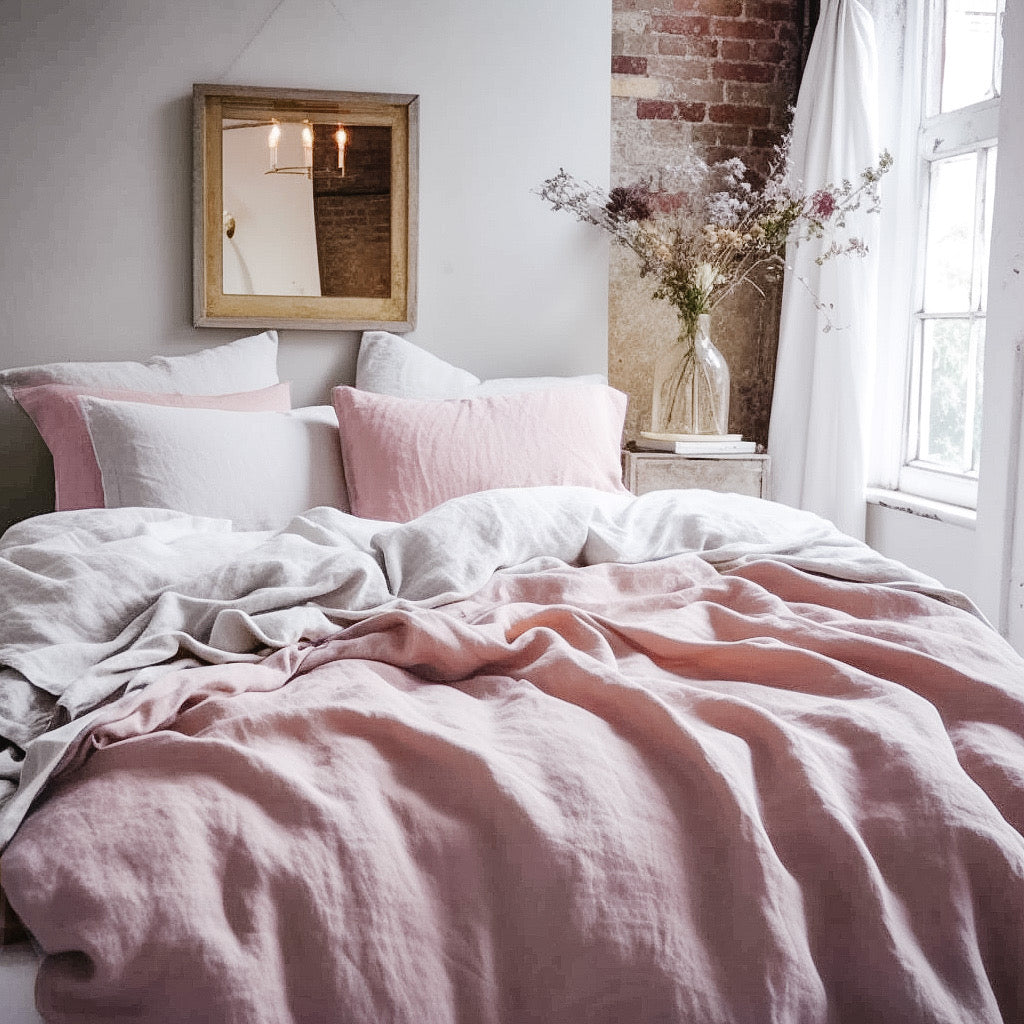 Rose linen bedding: Fitted sheet, Flat sheet, Pillowcase or Set