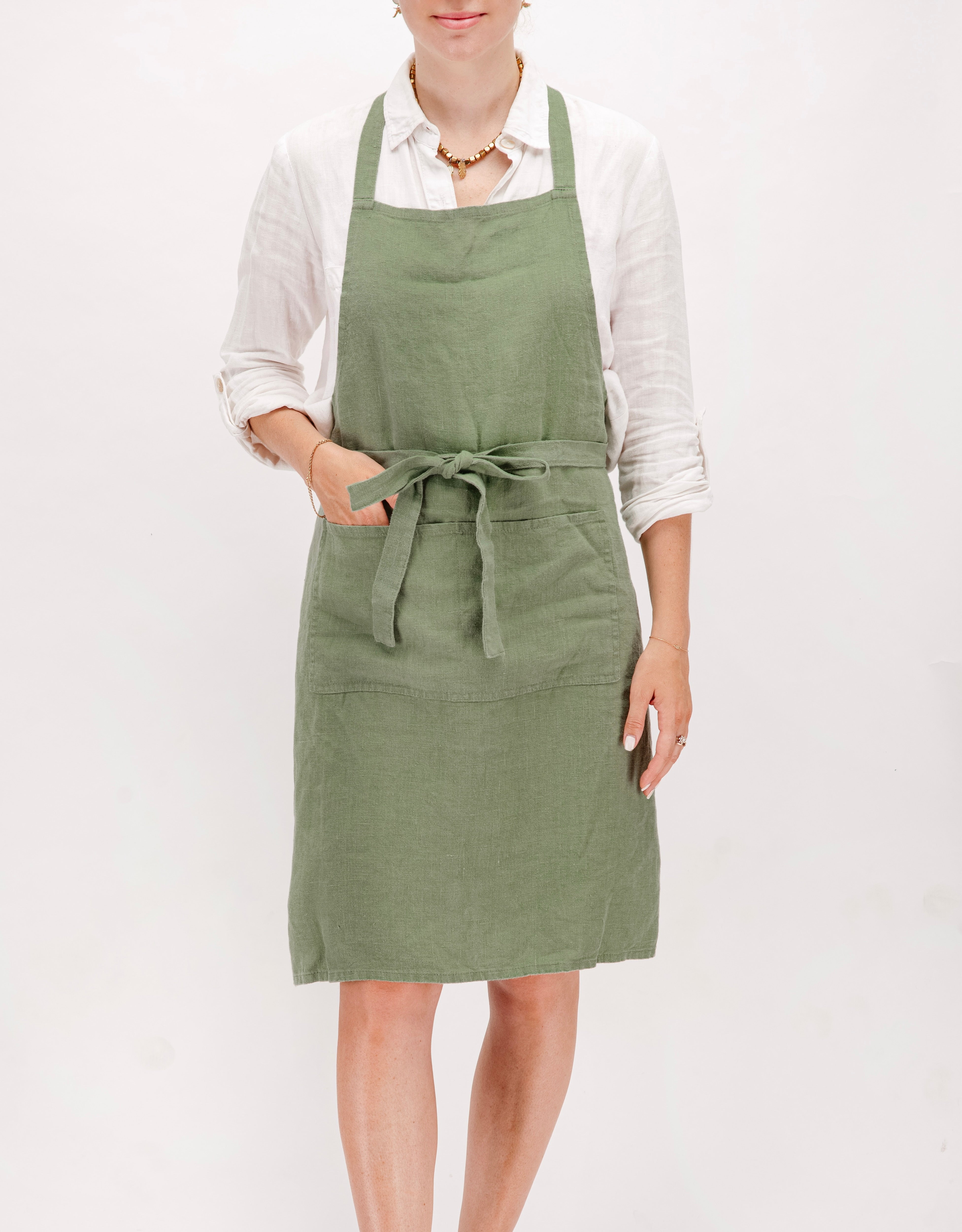 Muted mint linen apron hot with silk pockets