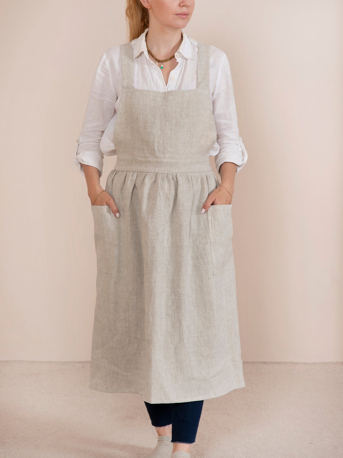 Linen pinafore apron dress in various colors