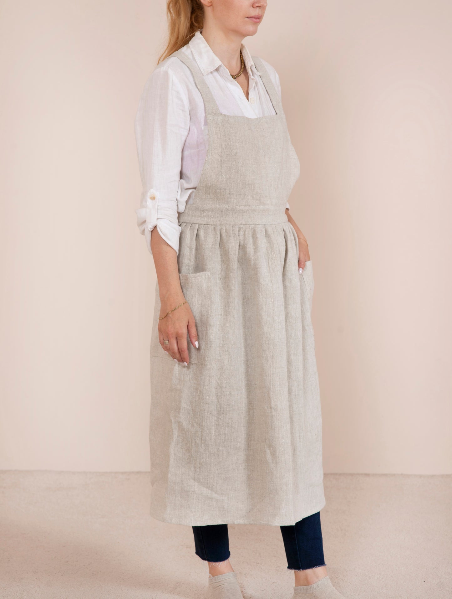 Linen pinafore apron dress in various colors