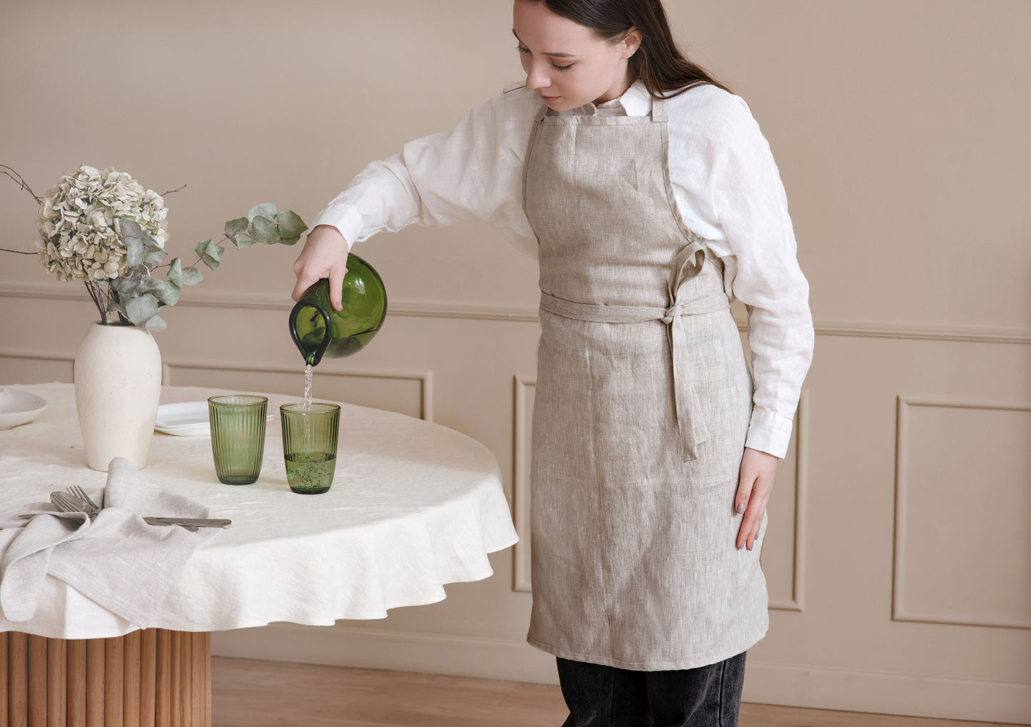 Deep green linen apron