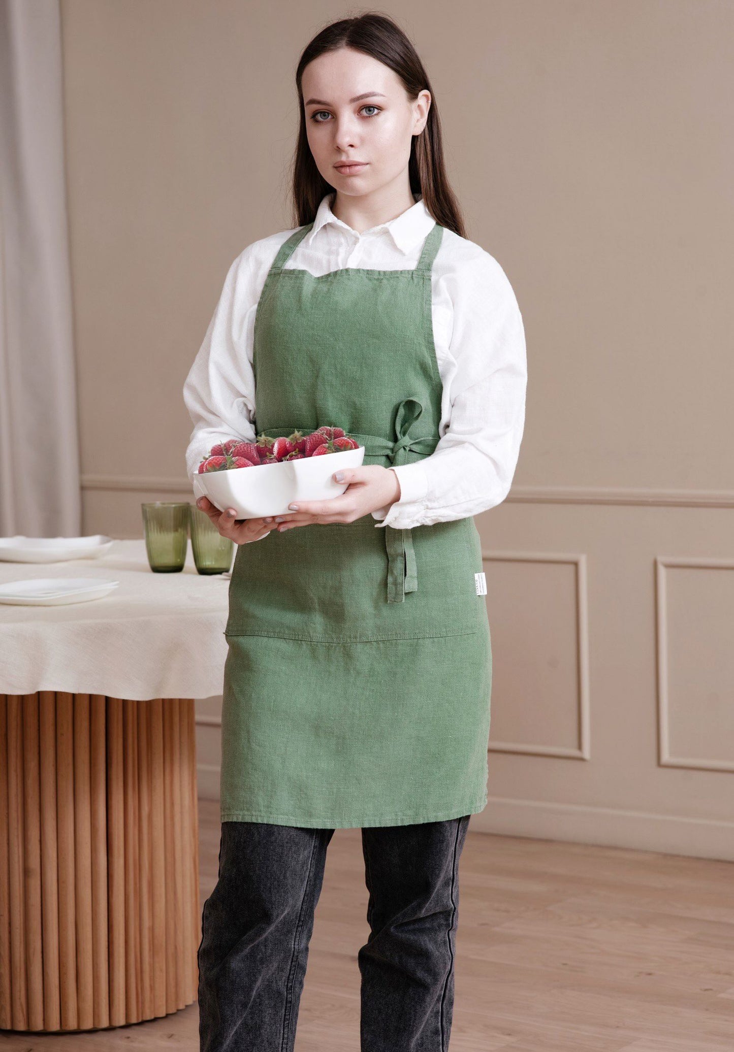 Deep green linen apron