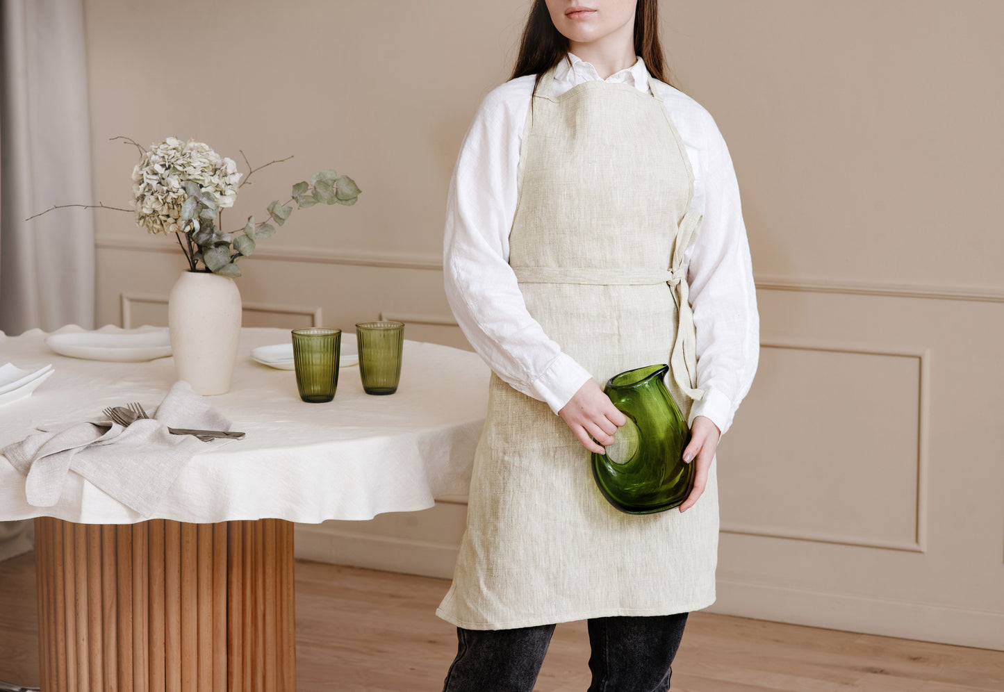 Deep green linen apron