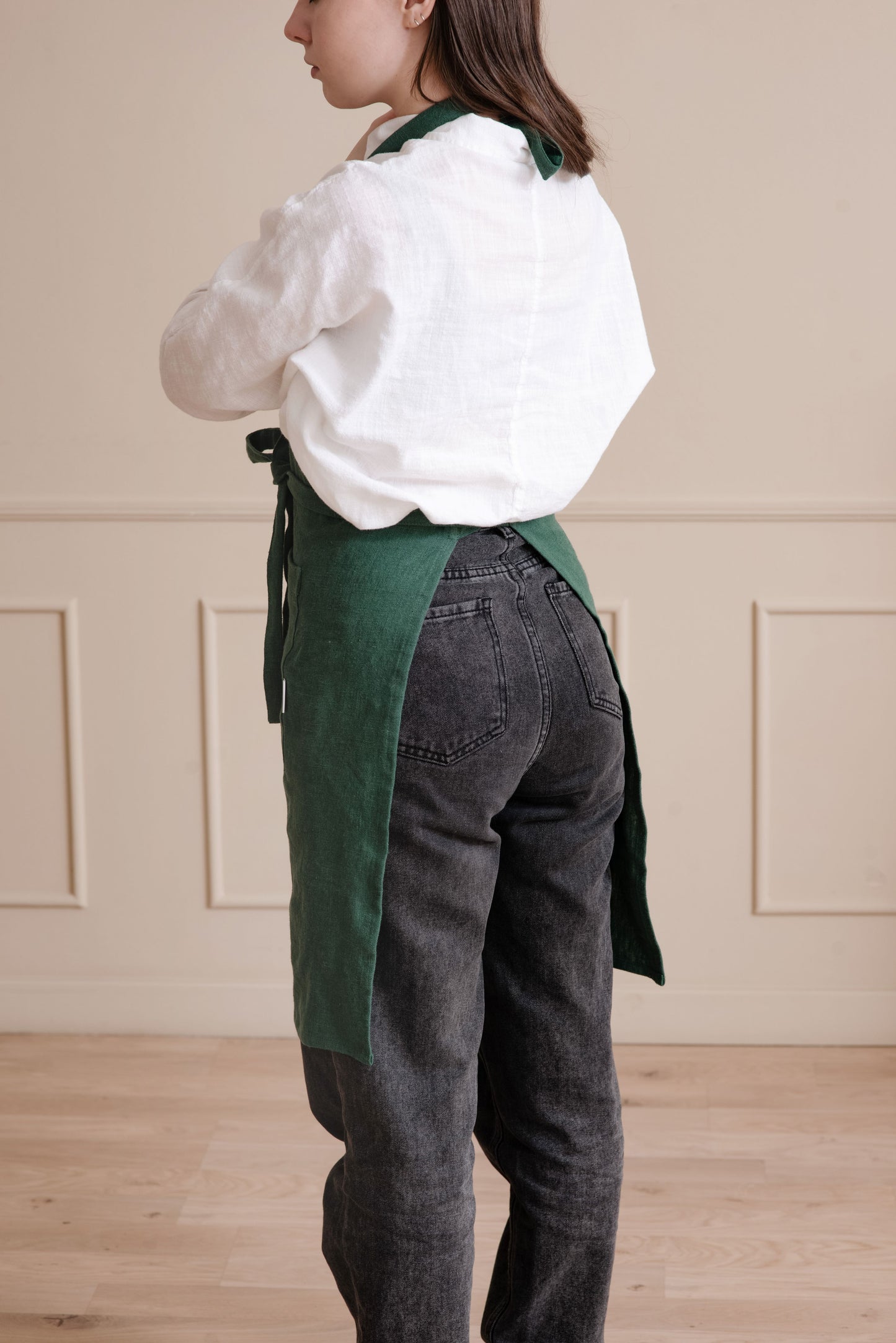 Deep green linen apron