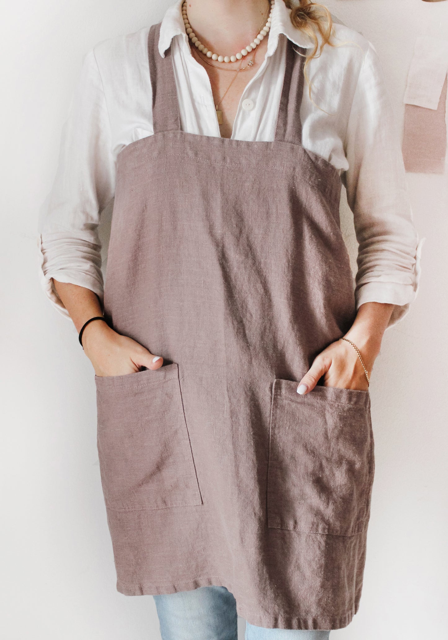 Japanese linen crossback apron with pockets