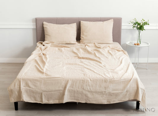 Beige linen bedding: Fitted sheet, Flat sheet, Pillowcase or Set