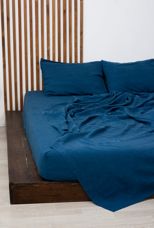 Blue linen bedding: Fitted sheet, Flat sheet, Pillowcase or Set