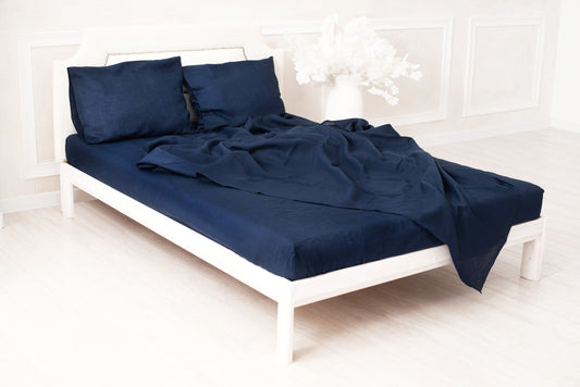 Deep blue linen bedding: Fitted sheet, Flat sheet, Pillowcase or Set