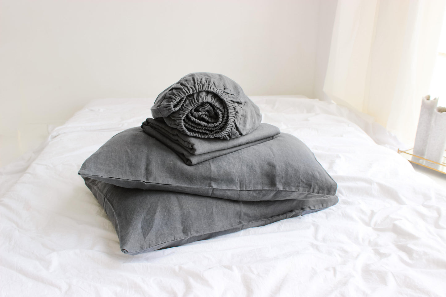 Graphite linen bedding: Fitted sheet, Flat sheet, Pillowcase or Set