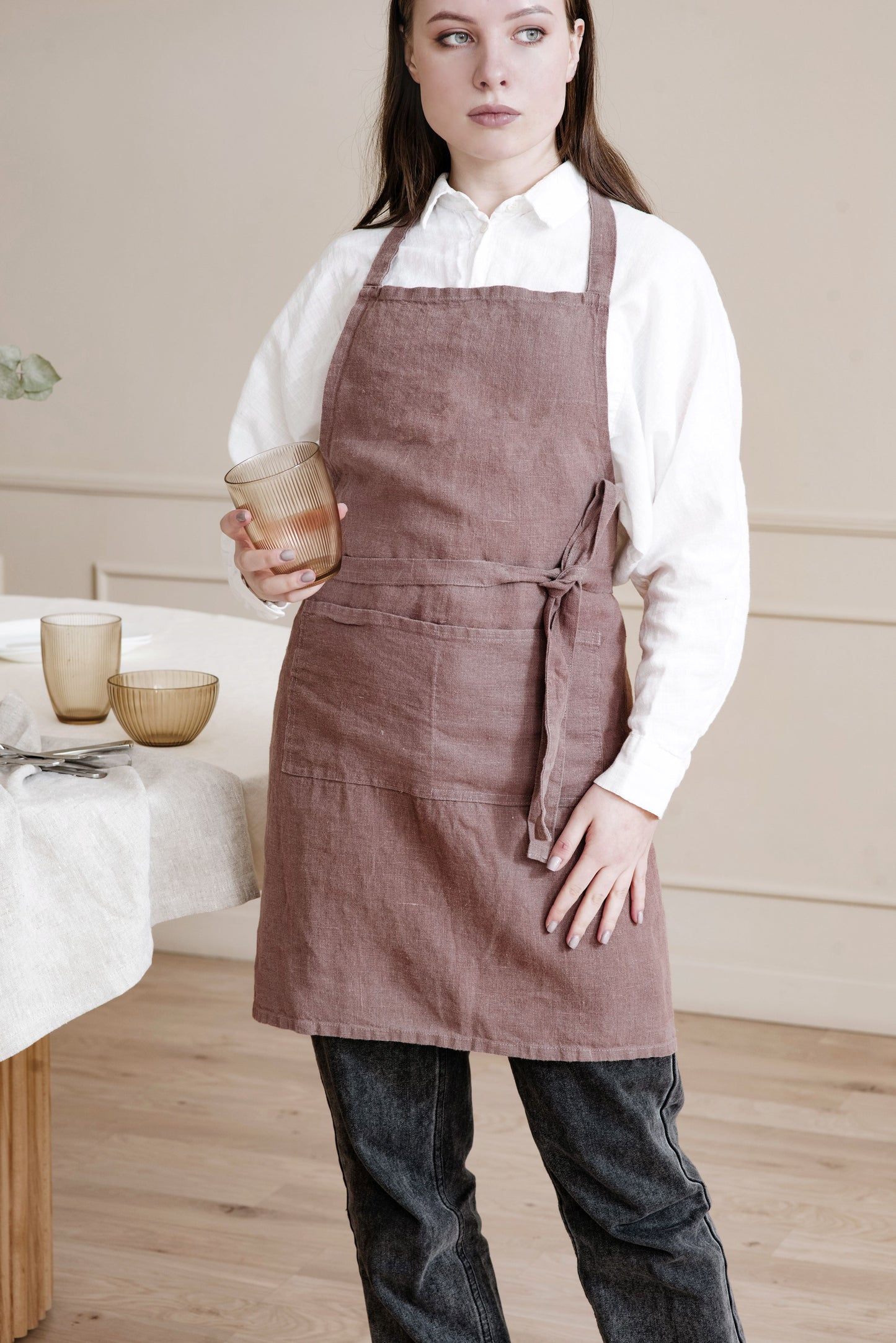 Khaki linen apron