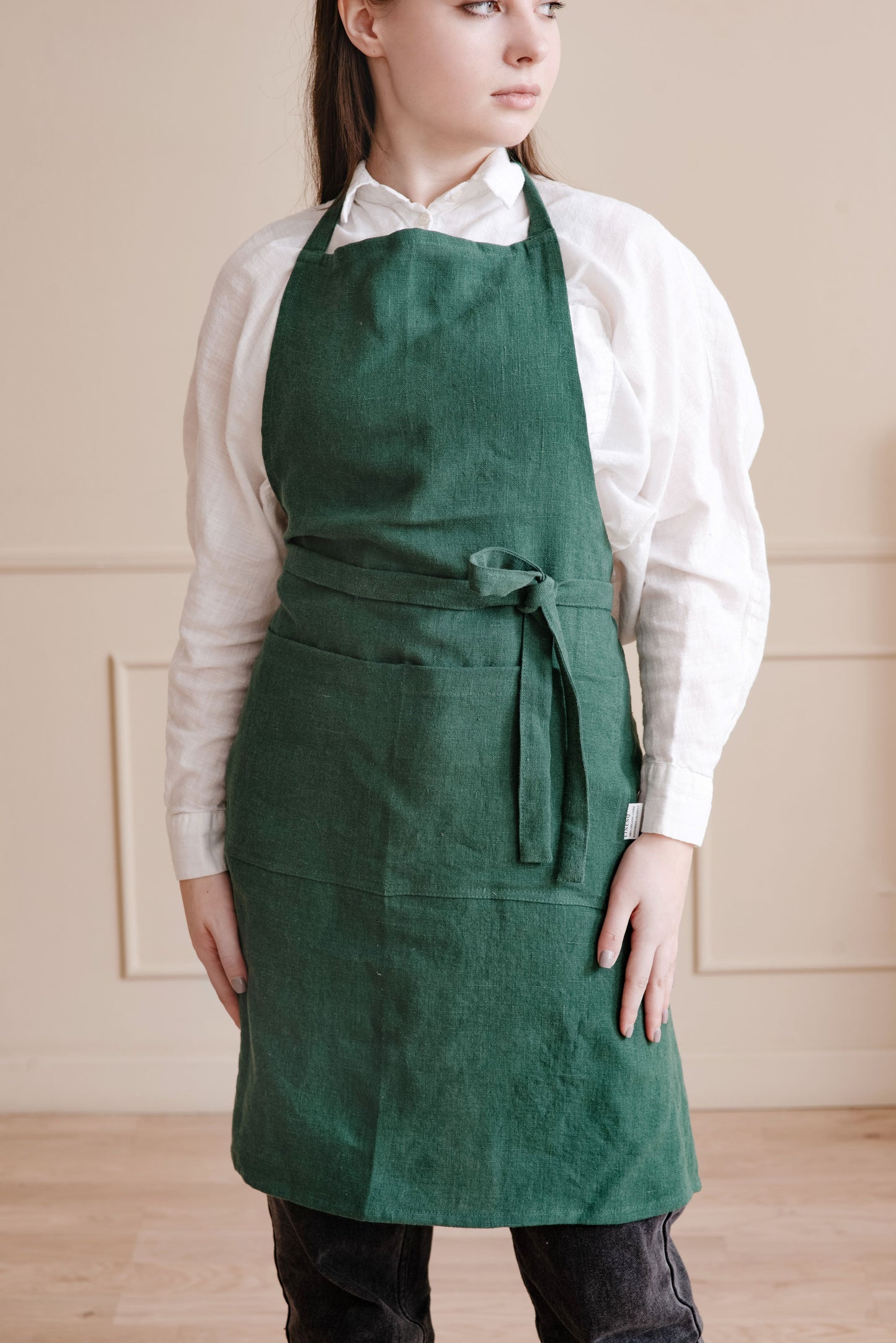 Deep green linen apron