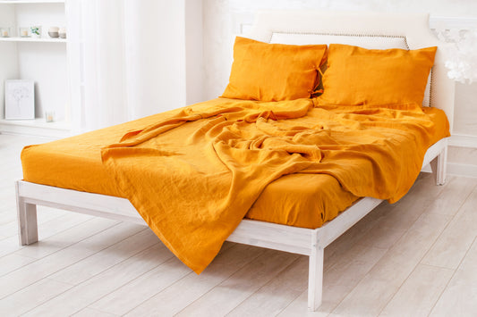 Orange linen bedding: Fitted sheet, Flat sheet, Pillowcase or Set