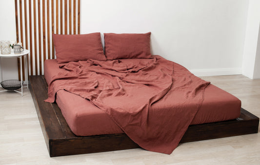 Terracotta linen bedding: Fitted sheet, Flat sheet, Pillowcase or Set